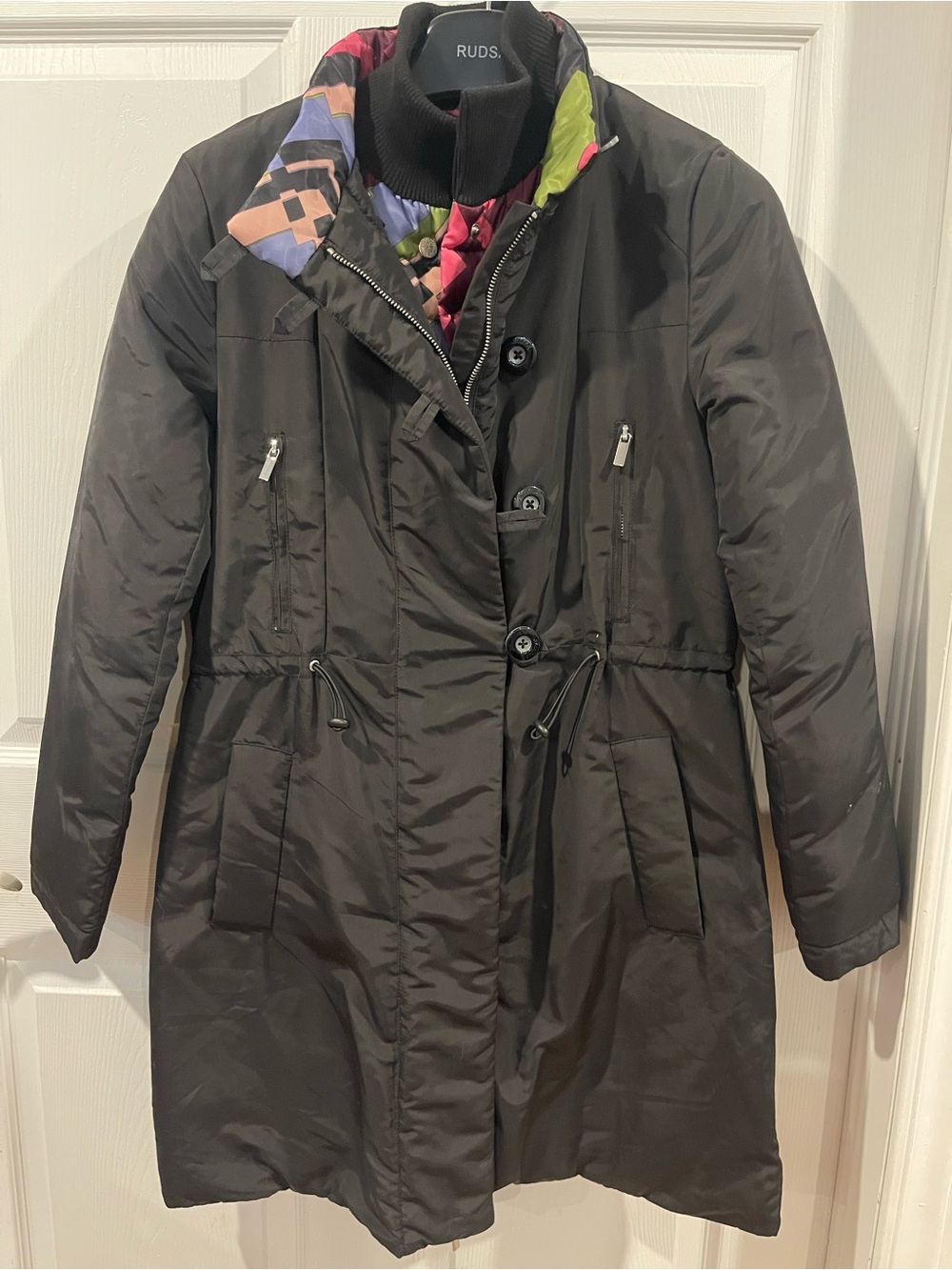 NEW🖤Desigual Black warm Jacket with Vibrant Multicolor Lining 38 removable colar